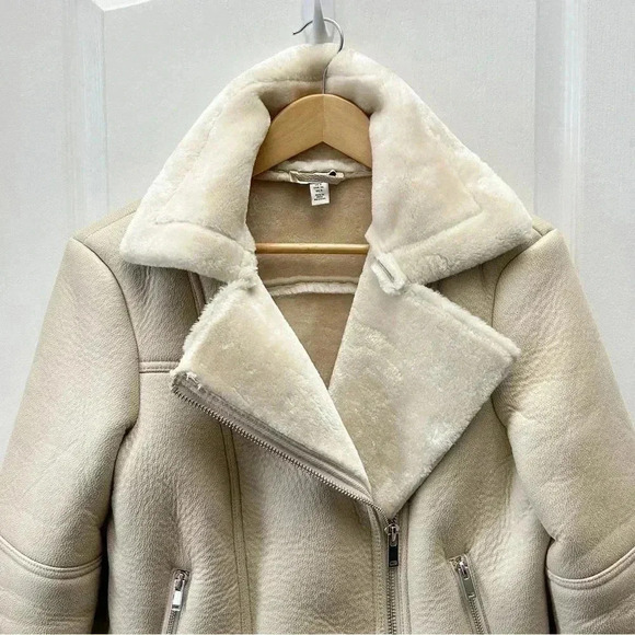 Topshop Cora Faux Shearling Moto Aviator Biker Jacket Cream Ecru Size 4 NWOT - Picture 5 of 16